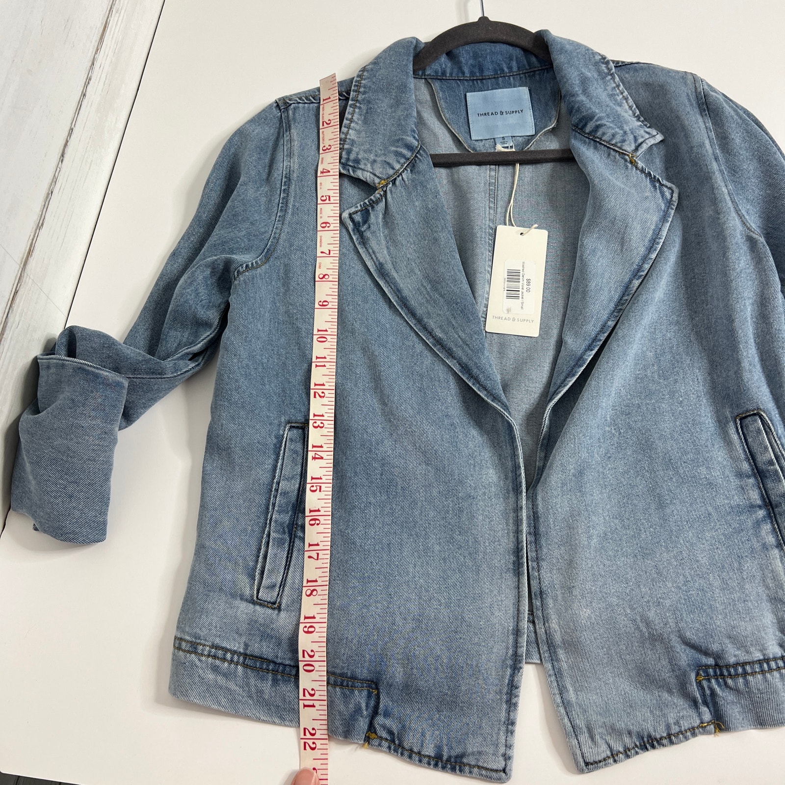 Thread & Supply Denim Blazer Jean Jacket Small Blue Open Front Lightweight — image 6 of 8